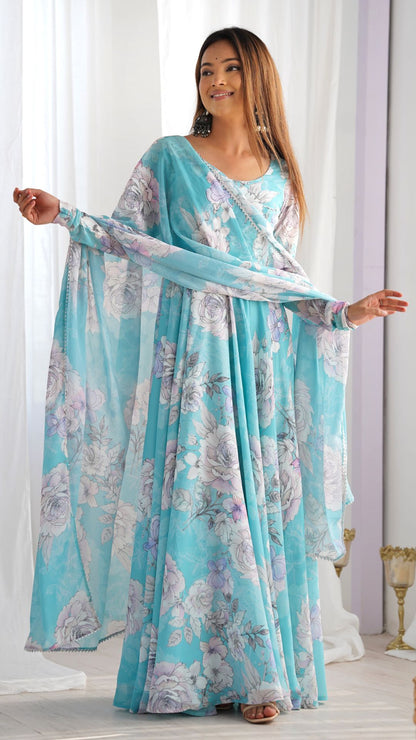 Sky Blue Floral Print Anarkali Suit with Dupatta for Women