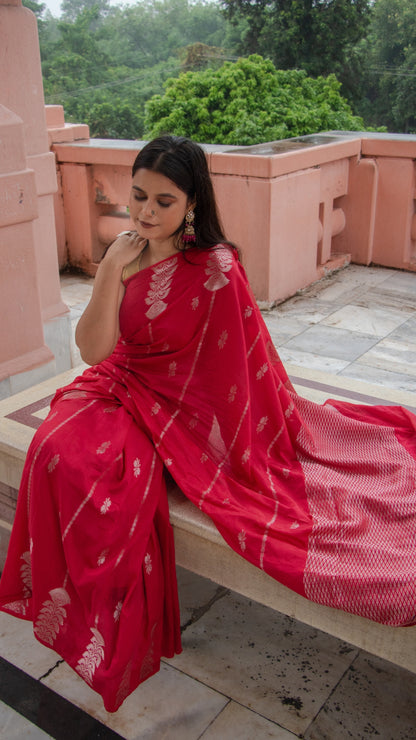 Scarlet Red Semi Raw Mango Katan Silk Saree