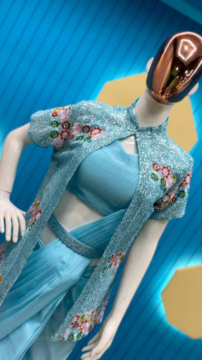 Sky Blue Chinon Ready-to-Wear Saree with Sequin Half Sleeve Koti