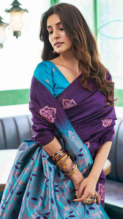 Purple Soft Lichi Silk Saree with Rich Teal Jacquard Pallu & Contrast Blouse