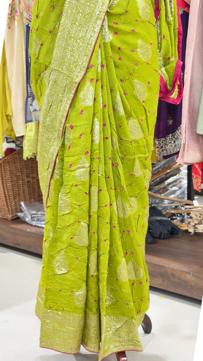 Banarashe Women’s Lime Green Banarasi Saree with Golden Buti Motifs & Woven Paisley Border