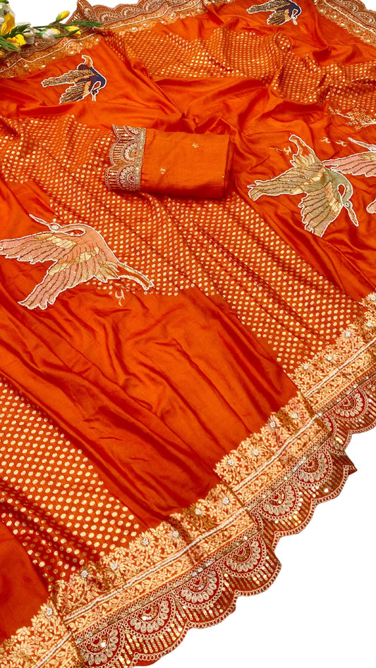 Orange Dola Silk Saree with Handcrafted Crane Motif