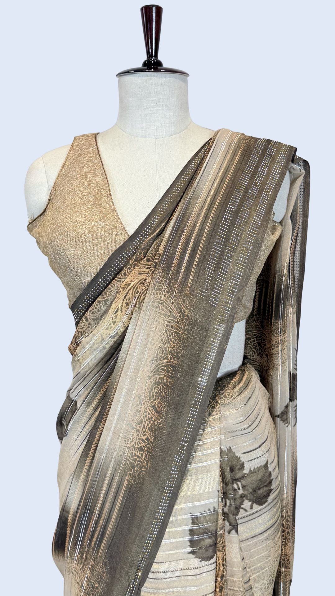 Beige Printed Synthetic Saree with Leaf Print