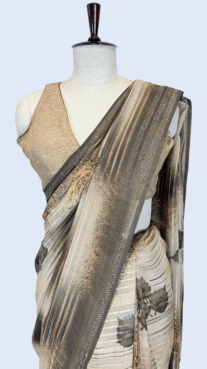 Beige Printed Synthetic Saree with Leaf Print