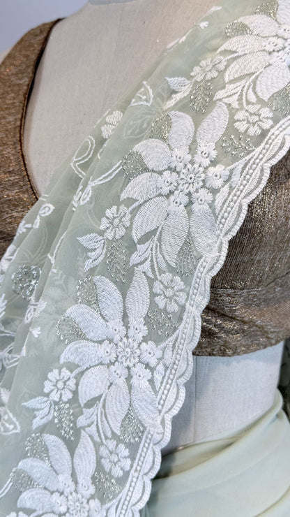 Mint Green Semi Chikankari Saree for Women with Floral Embroidery