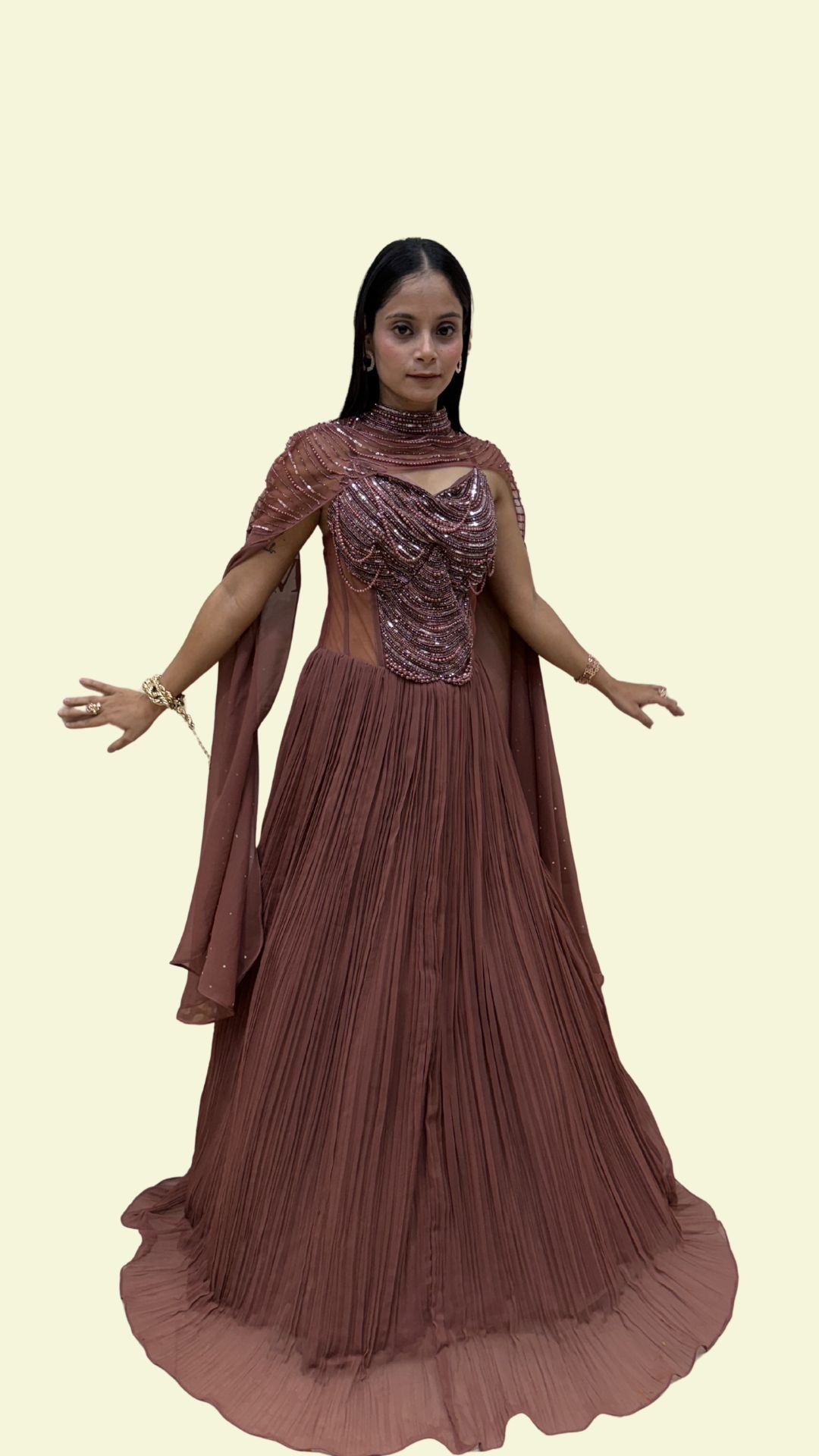 Designer Reception Gown for Women with Cape Sleeves | Engagement & Party Wear Dress