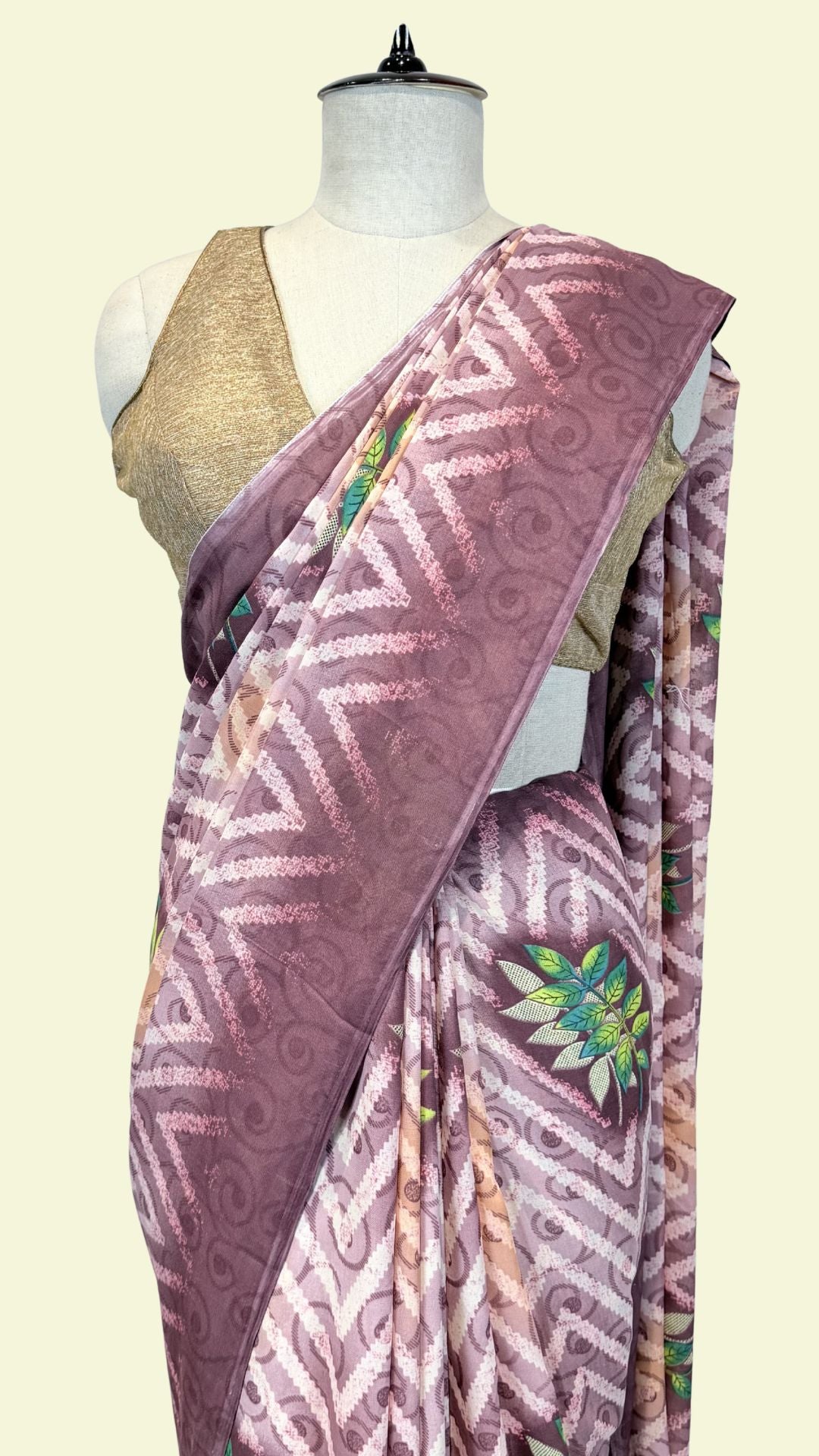 Dusty Pink Printed Synthetic Saree