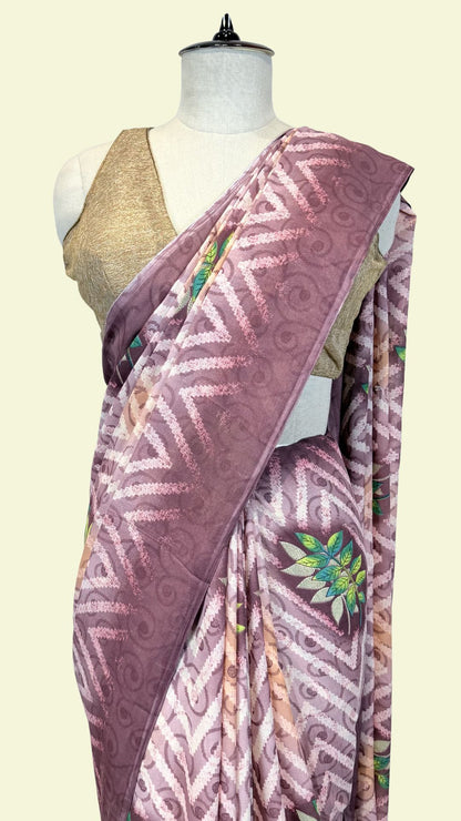 Dusty Pink Printed Synthetic Saree