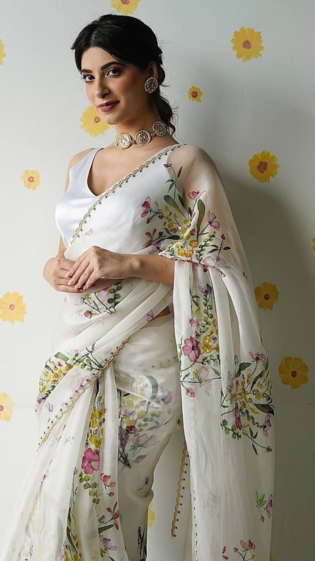 Ivory Floral Tabby Silk Saree with Sequins & Katdana Handwork