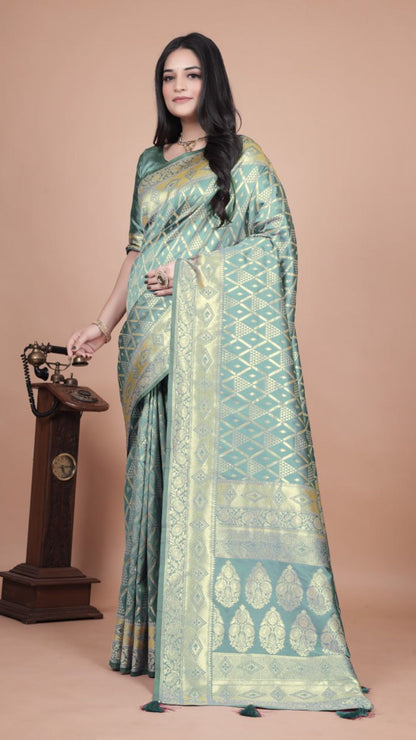 Pastel Green Banarasi Silk Saree with Gold Zari