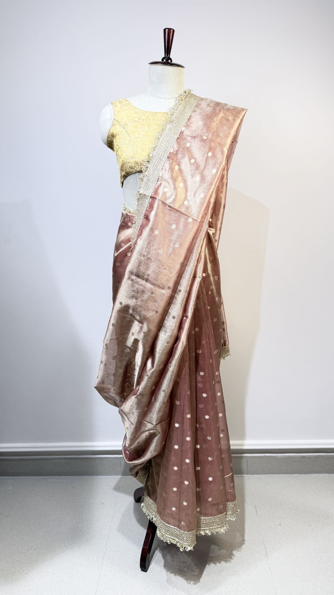 Rose Gold Tissue Silk Saree with Lace Border