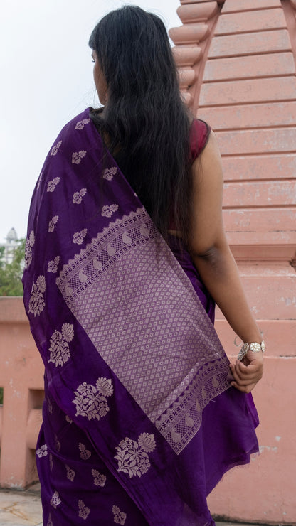Dark Bluish Purple Semi Raw Mango katan Silk Saree