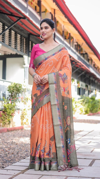 Vibrant Orange Bandhani & Kalamkari Print Linen Cotton Saree