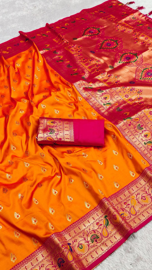 Royal Orange & Rani Pink Soft Paithani Silk Saree with Meenakari Peacock Pallu