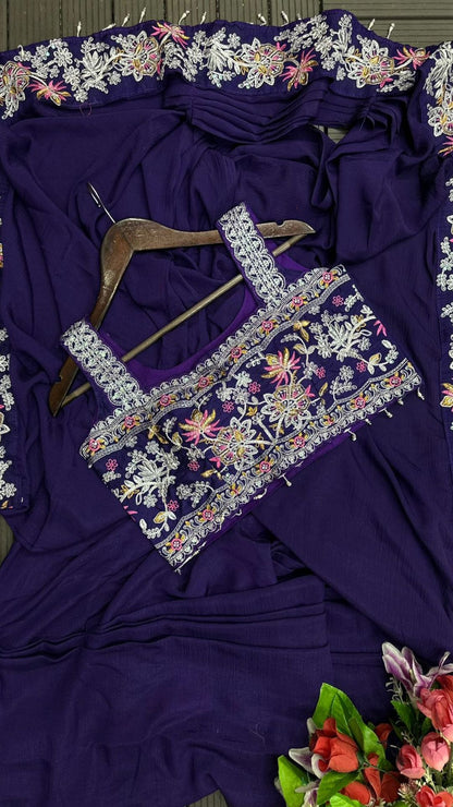 Purple Ready-to-Wear Chinon Saree with Embroidered Koti Jacket & Banglori Silk Blouse
