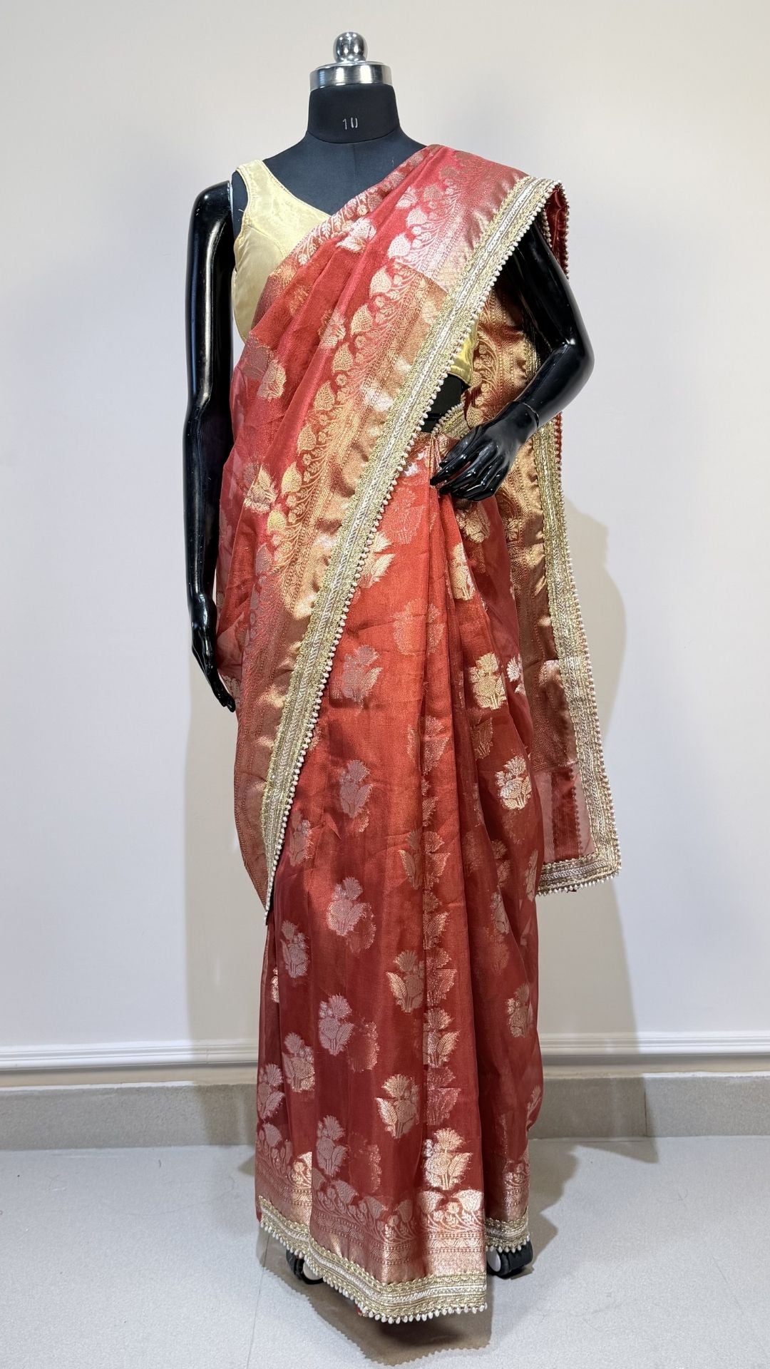 Orange Tissue Saree with Moti Lace Border