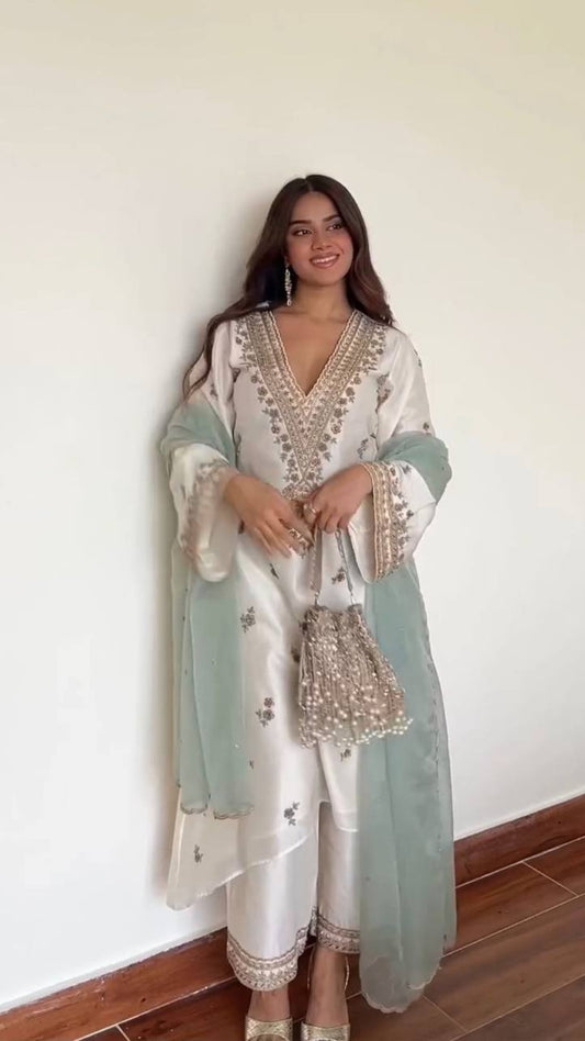 Roman Silk Embroidered Plazzo Suit Set
