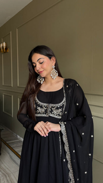 Premium Black Fox Georgette Anarkali Suit Set