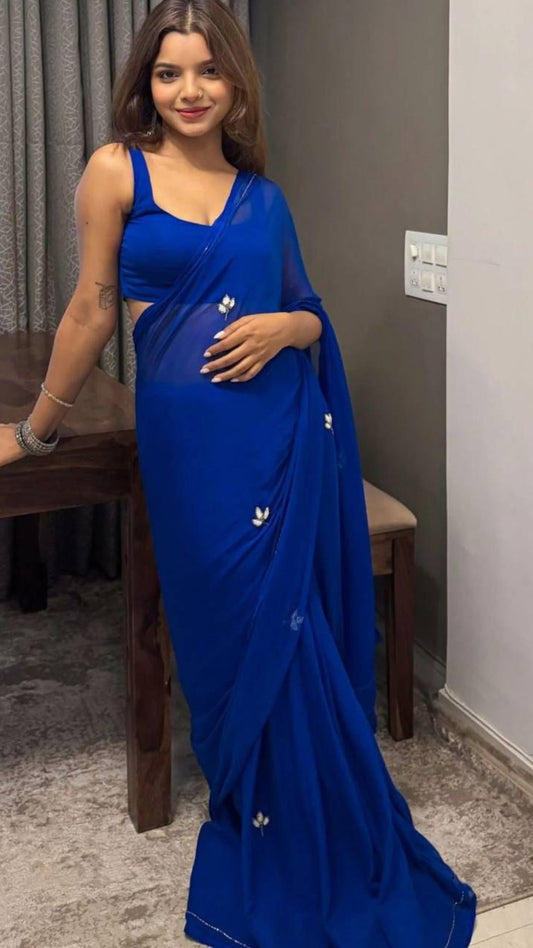 Royal Blue Georgette Saree with Silver Cut Dana Handwork Leaf Motifs