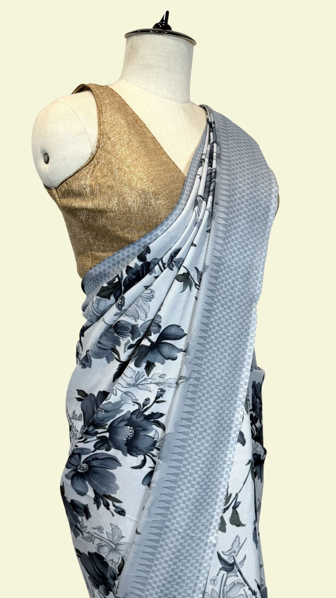 Icy Blue Floral Print Synthetic Saree