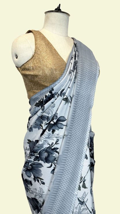 Icy Blue Floral Print Synthetic Saree