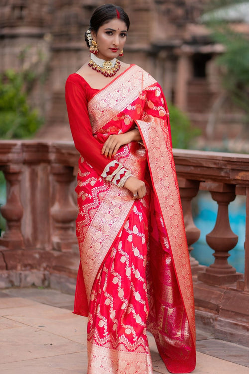Durga Puja Special Red Banarasi Katan Silk Saree