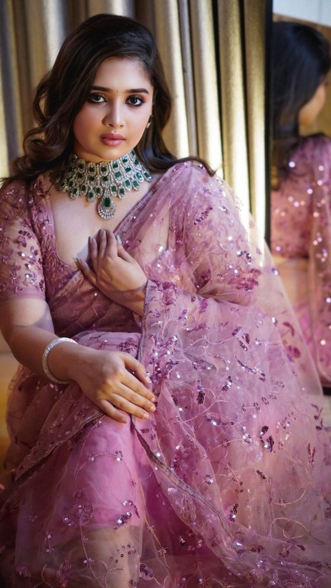 Pink Designer Party Wear Saree with Heavy Sequin Embroidery Work on Butterfly Net Fabric