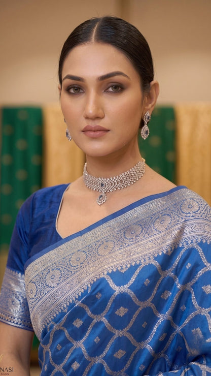 Banarashe Royal Blue Mashru Silk Saree with Silver Zari Woven Geometric Motifs, Designer Border & Pallu