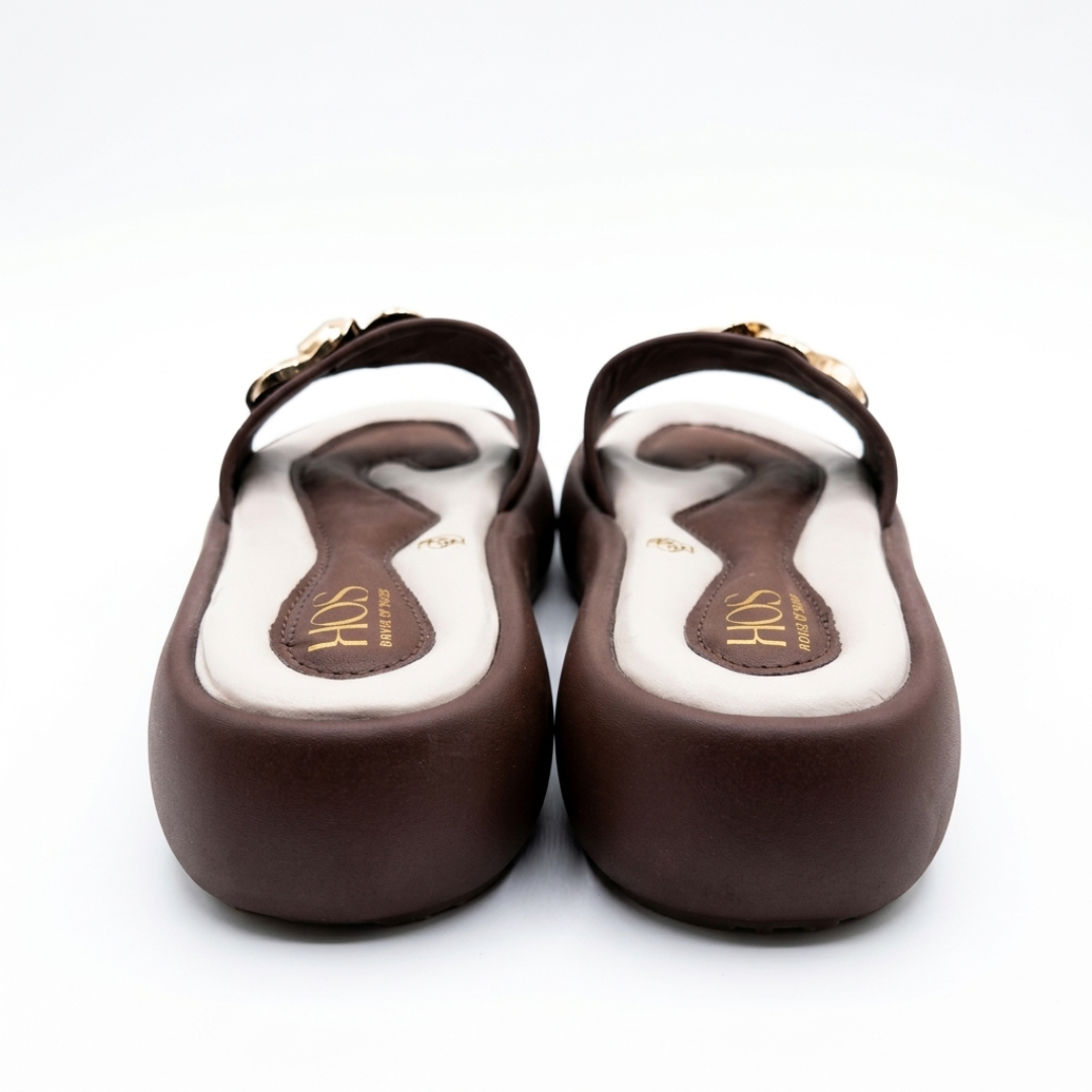 Women’s Brown Slip-On Slides with Gold Floral Accent