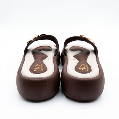 Women’s Brown Slip-On Slides with Gold Floral Accent
