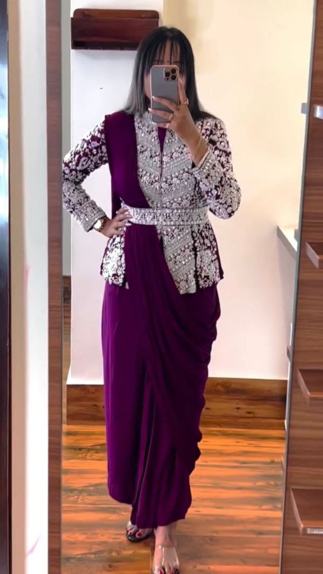 Royal Purple Ready To Wear Saree with Heavy Embroidered Koti Blouse & Fancy Belt