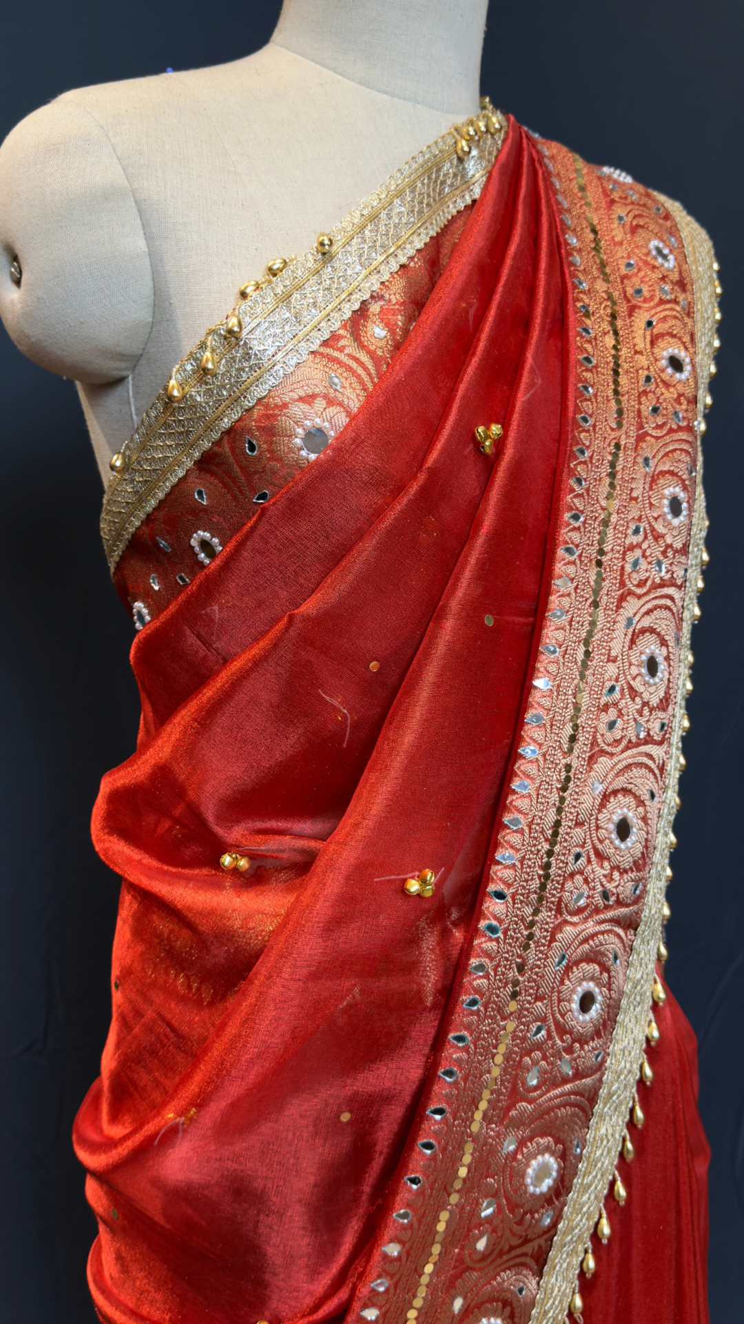 Red Tissue Ghungroo & Mirror Work Saree with Designer Border