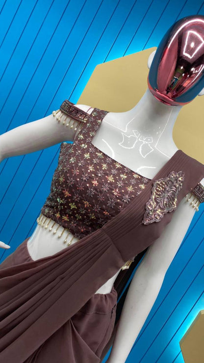 Deep Coffee Brown Ready-to-Wear Georgette Saree