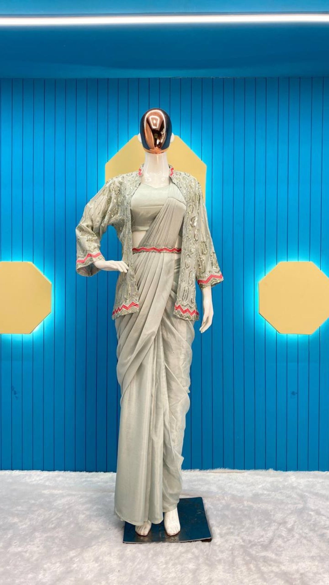 Silver Grey Chinon Silk Ready-to-Wear Saree with Embroidered Jacket