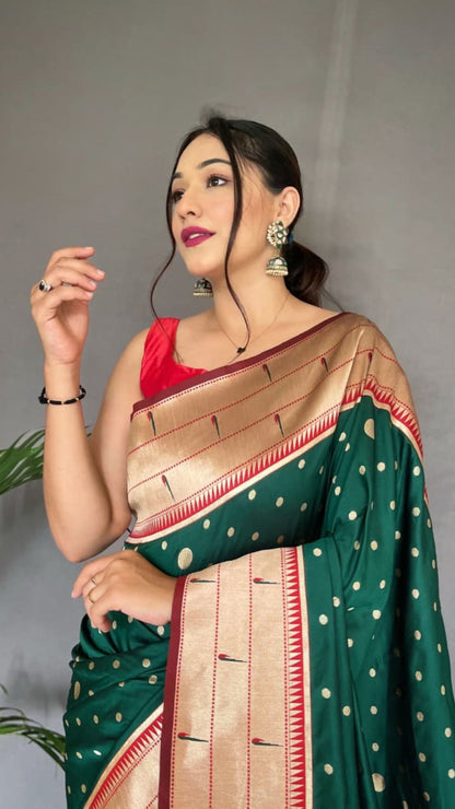 Bottle Green Paithani Soft Silk Saree with Rich Gold Zari Border & Woven Pallu