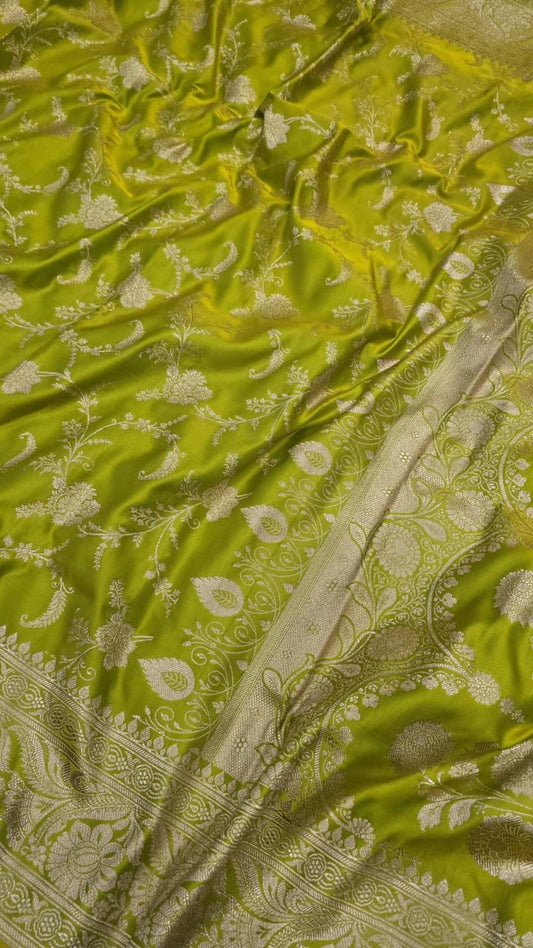 Lime Green Banarasi Mashroo Katan Silk Saree with Allover Jaal Work