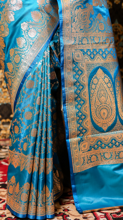 Azure Bloom Banarasi Silk Saree with Silver Zari Elegance