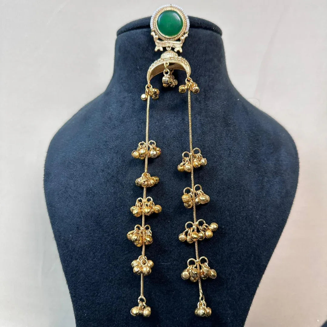 Banarashe Crescent Chain Earrings Green Gemstone Brass Danglers - Baranashe - Banarashe Crescent Chain Earrings Green Gemstone Brass Danglers