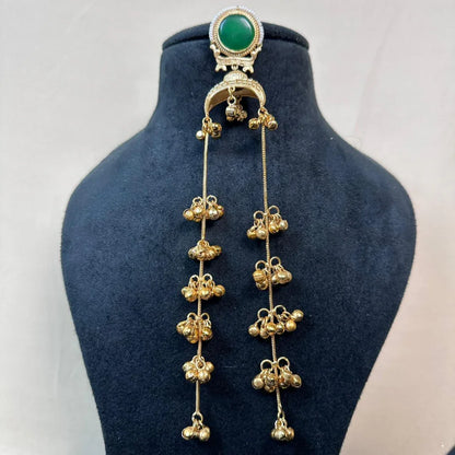 Banarashe Crescent Chain Earrings Green Gemstone Brass Danglers - Baranashe - Banarashe Crescent Chain Earrings Green Gemstone Brass Danglers