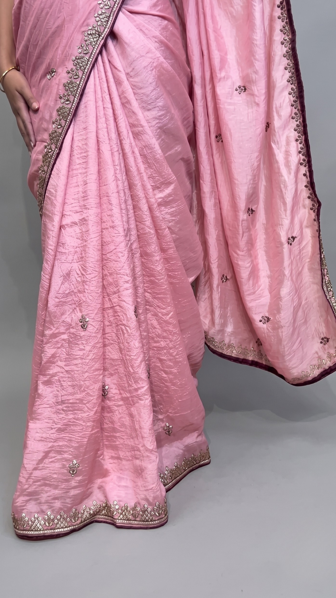 Banarashe Blush Pink Tissue Saree with Delicate Zari Border