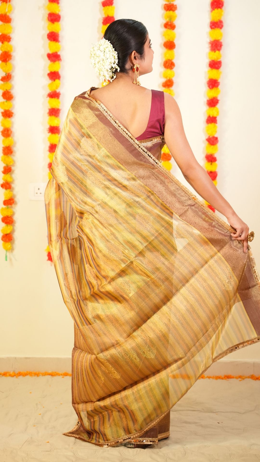 Golden Pure Tissue Silk Lace Work Gota patti designe Saree with Maroon Border