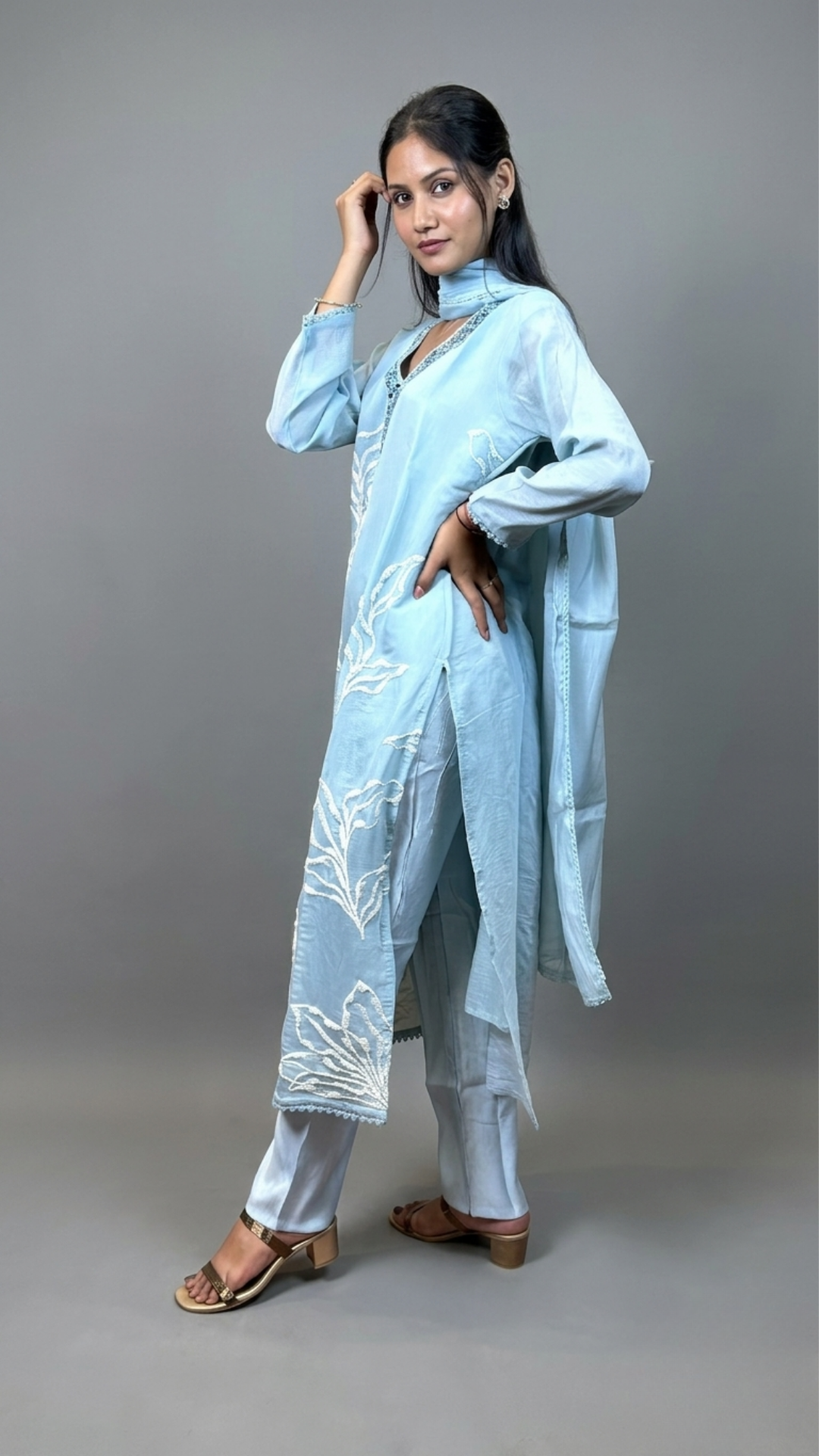 Royal Ice Blue Silk-Blend Suit with Mirror Work Neckline