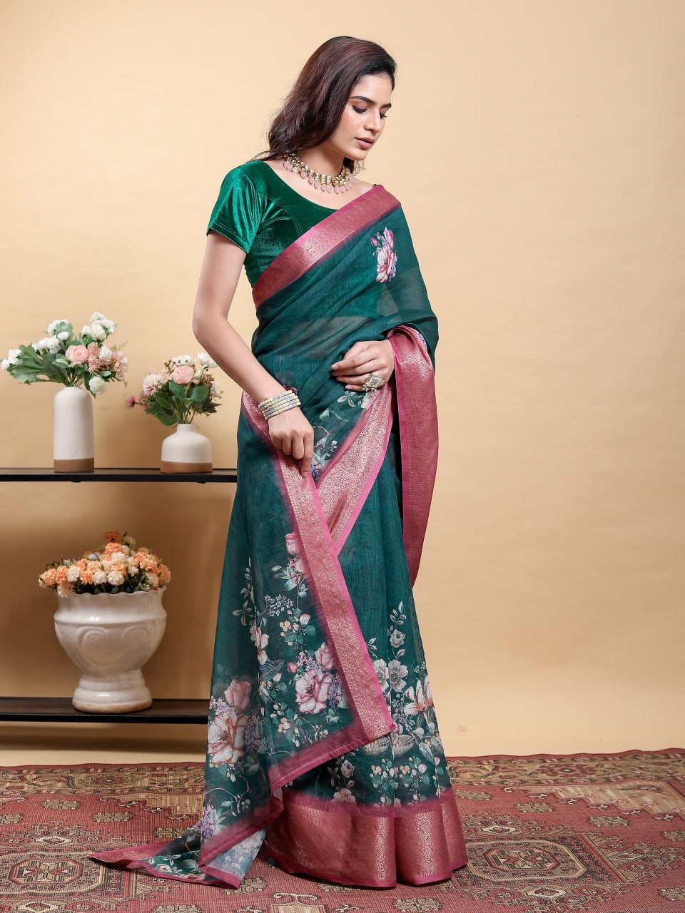Stunning Teal Floral Saree with Contrast Pink/Maroon Zari Border