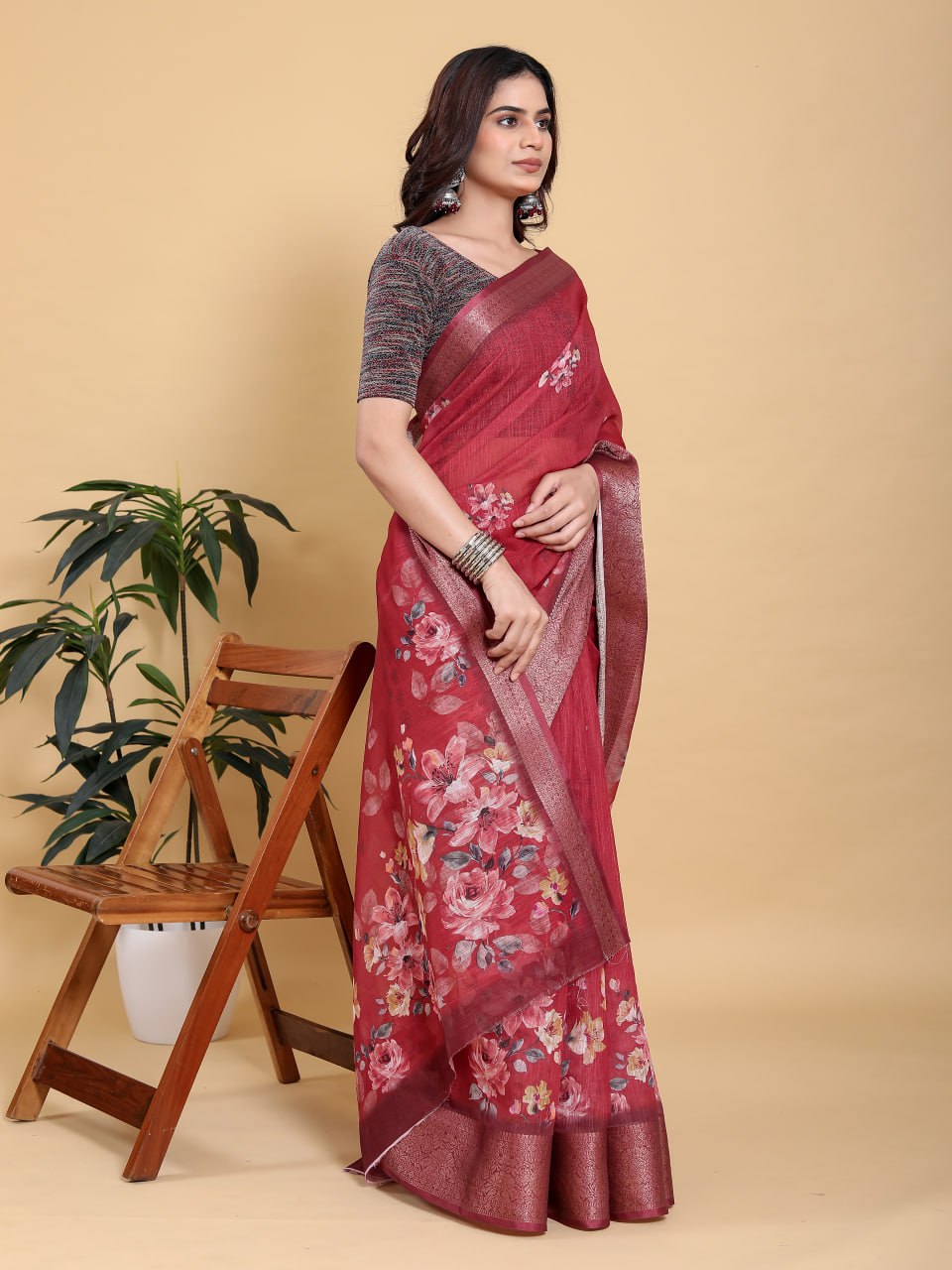 Rich Maroon Floral Print Saree with Metallic Zari Border