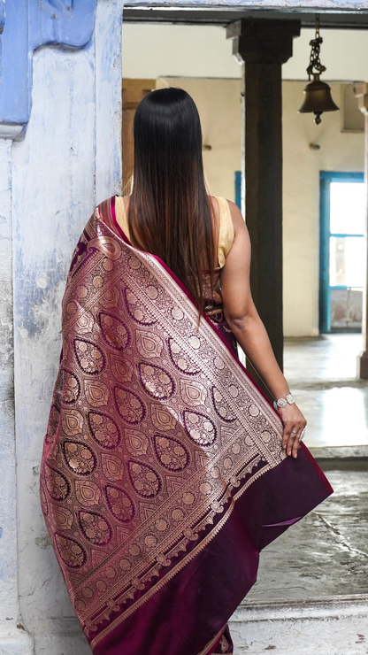 Mulberry Wine Banarasi Silk Saree with Antique Zari Work