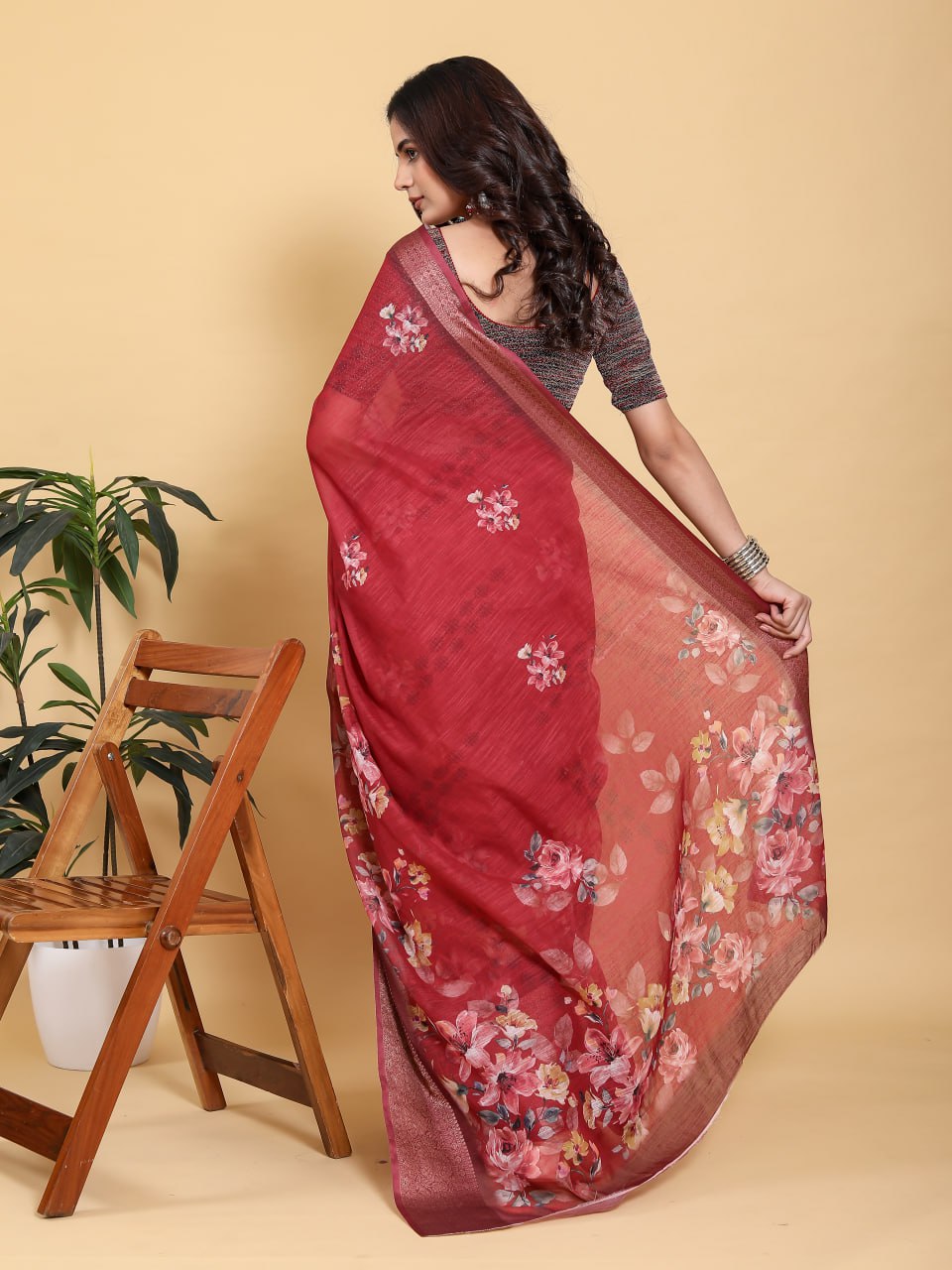 Rich Maroon Floral Print Saree with Metallic Zari Border