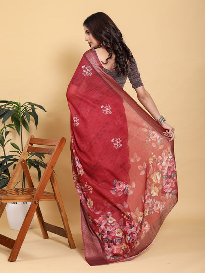 Rich Maroon Floral Print Saree with Metallic Zari Border