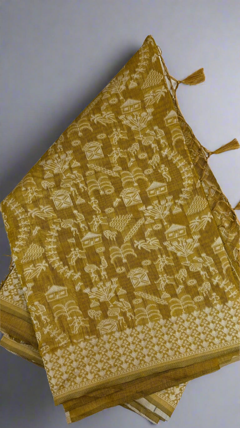 Banarashe Olive Green & Cream Banarasi georgetteSaree with Gota village scens Motifs