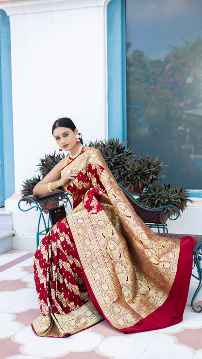 Sindoor Saaj Banarasi Silk Saree in Bridal Red with Antique Gold Zari