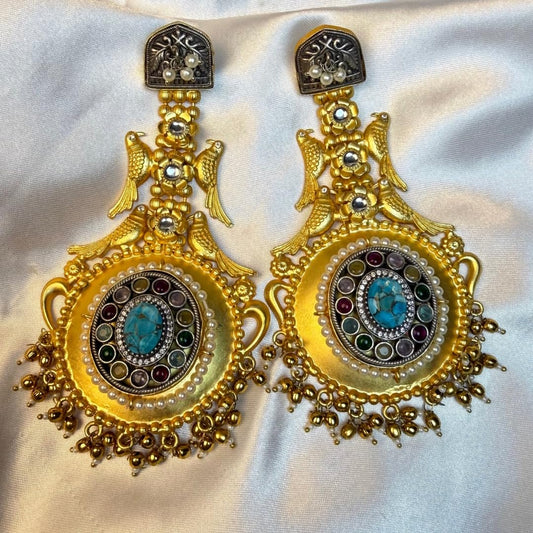 Royal Kashmiri Bird Motif Statement Earrings with Turquoise Crystal Center